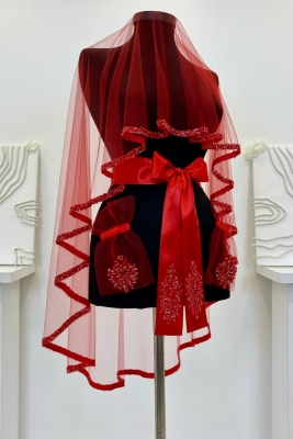 Kırmızı Gelin Duvak Seti, Cam Boncuk ve Pul Baskılı Kına Duvağı Seti 6 Parça