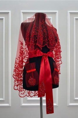 Kırmızı Gelin Duvak Seti, Cam Boncuk ve Pul Baskılı Kına Duvağı Seti 6 Parça