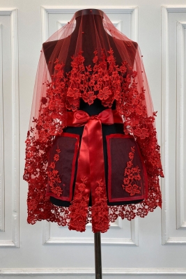 Kırmızı Gelin Duvak Seti, Güpürlü Ve Inci Süslemeli Kına Gecesi Duvağı Alı Örtüsü 6 Parça