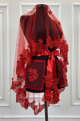 Kırmızı Gelin Duvak Seti, Güpürlü Ve İnci Süslemeli Kına Gecesi Duvağı Alı Örtüsü 6 Parça