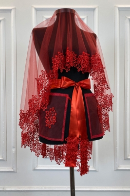 Kırmızı Gelin Duvak Seti, Güpürlü Ve İnci Süslemeli Kına Gecesi Duvağı Alı Örtüsü 6 Parça