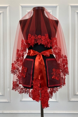 Kırmızı Gelin Duvak Seti, Güpürlü Ve İnci Süslemeli Kına Gecesi Duvağı Alı Örtüsü 6 Parça