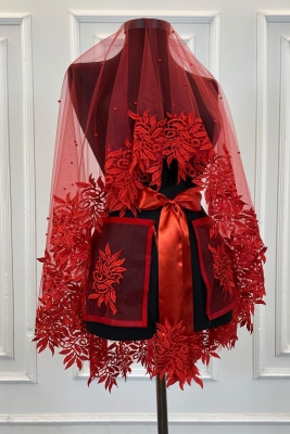 Kırmızı Gelin Duvak Seti, Güpürlü Ve İnci Süslemeli Kına Gecesi Duvağı Alı Örtüsü 6 Parça