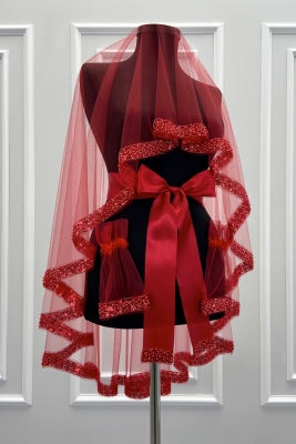 Kırmızı Gelin Duvak Seti, İnci, Pul Ve Cam Boncuk İşlemeli, Kına Gecesi Duvağı Seti 6 Parça