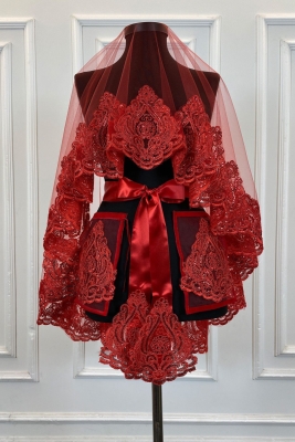 Kırmızı Gelin Duvak Seti, Işıl Işıl Güpürlü, Pul İşlemeli Kına Gecesi Duvağı Alı Örtüsü 6 Parça