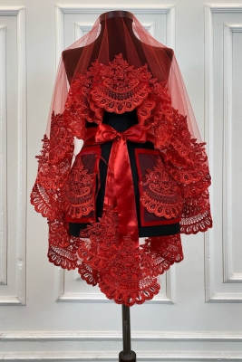 Kırmızı Gelin Duvak Seti, Işıl Işıl Güpürlü, Pul İşlemeli Kına Gecesi Duvağı Alı Örtüsü 6 Parça