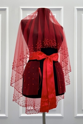 Kırmızı Gelin Duvak Seti, Işıl Işıl Kristal Boncuk Ve İncili, Kına Duvağı 6 Parça