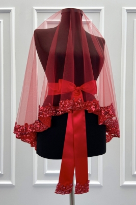 Kırmızı Gelin Duvak Seti, Işıl Işıl Kristal Cam Boncuk, İnci ve Pul İşlemeli Kına Duvağı 6 Parça