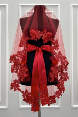 Kırmızı Gelin Duvak Seti, Işıl Işıl Kristal Cam Boncuk Ve Pul İşlemeli Kına Duvağı 6 Parça