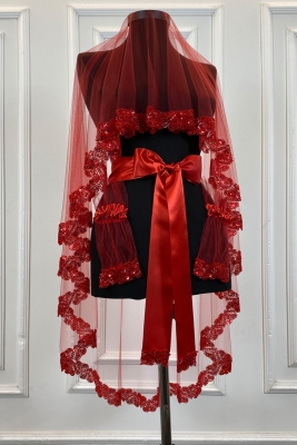 Kırmızı Gelin Duvak Seti, Kalp Motifli Cam Boncuk Ve Pul Işlemeli, Işıl Işıl Kına Gece Örtüsü 6parça