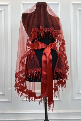 Kırmızı Gelin Duvak Seti, Kristal Boncuk İşlemeli Kına Duvağı Seti 6 Parça