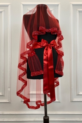 Kırmızı Gelin Duvak Seti, Kristal Boncuk İşlemeli Kına Duvağı Seti 6 Parça