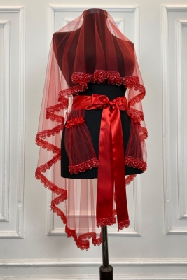 Kırmızı Gelin Duvak Seti, Kristal Boncuk İşlemeli Kına Duvağı Seti 6 Parça