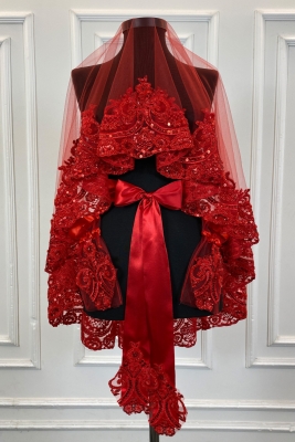 Kırmızı Gelin Duvak Seti, Pullu Boncuklu Kristal Taşlı Kına Duvağı Seti 6 Parça Bala Model