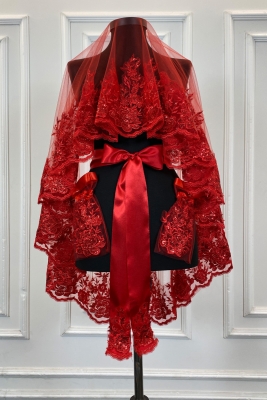 Kırmızı Gelin Duvak Seti, Pullu Boncuklu Kristal Taşlı Kına Duvağı Seti 6 Parça Mahidevran Model