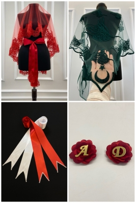 Kırmızı Gelin Duvak Seti, Zarif Güpürlü, El Gülü, Damat Omuz Örtüsü, Takı Kurdele,kına Şalı,10 Parça