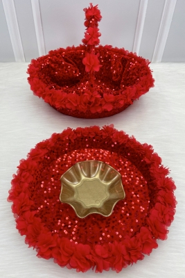 Kırmızı Gelin Kına Gecesi Tepsi Ve Sepeti, Düğün Sünnet Nişan Pullu Kadife Üç Boyutlu Lazer Çiçekli