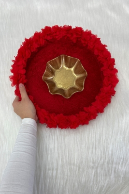 Kırmızı Gelin Kına Gecesi Tepsisi, Düğün, Sünnet, Kadife Üç Boyutlu Lazer Çiçek Süslemeli Tepsi