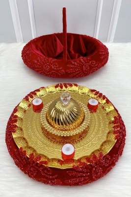 Kırmızı Gelin Kına Gecesi Tepsisi ve Sepeti Takımı, Lüks İthal Kadifeli, Cam Boncuk Aplik ve Led Mum