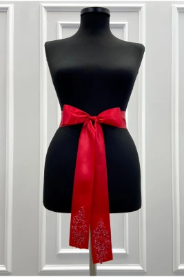 Kırmızı Gelin Kuşağı, Kristal Cam Boncuk Süslü Gelin Kurdelesi, Gelin Beli Kemeri, Kardeş Kuşağı