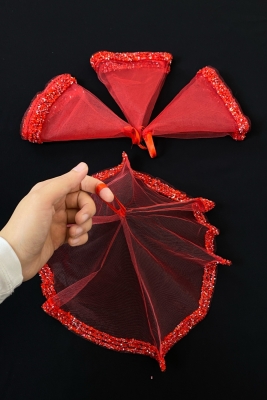 Kırmızı Gelin Mendili, Düğün Halay Mendili, Cam Boncuk ve Pul Baskılı Kına Mendili