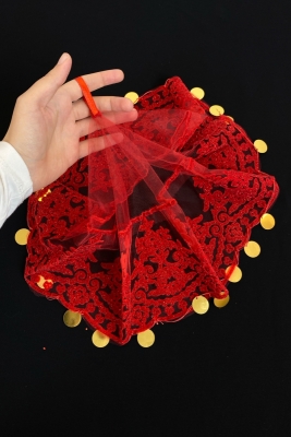 Kırmızı Gelin Mendili, Düğün Halay Mendili, Simli Flok Baskılı Gold Pullu Kına Mendili 5 Adet