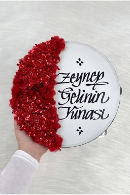Kırmızı Gelin Tefi 30 Cm, Kaligrafi Ve Vip Aplik Süslemeli, Düğün Sünnet Kına Nedime Nikah Nişan Söz Bride Parti Bekarlığa Veda Partisi Gelin Damat