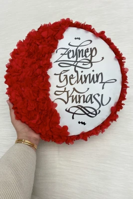 Kırmızı Gelin Tefi 32cm, Kaligrafi Ve 3d Çiçek Süslemeli, Düğün Sünnet Kına Nedime Bride Parti Defi