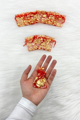 Kırmızı Gold Güllü Tül Kese, 50 Adet Ölçü 5x7cm, Kına Çerez Kuruyemiş Altın Takı Söz Hediye Mevlüt