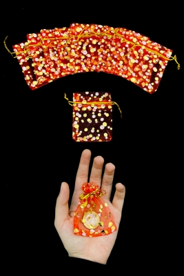 Kırmızı Gold Minik Kese, Kına Düğün Nikah Nişan Hediye Çerez Altın Takı, Puantiyeli 50 Adet, 7x9cm