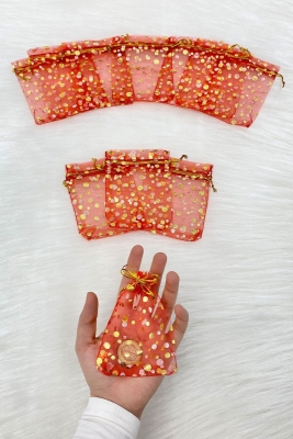 Kırmızı Gold Puantiyeli Kına Çerez Nişan Hediye Kesesi 50 Adet Ölçü 9x12cm Nikah Düğün Mevlüt Sünnet
