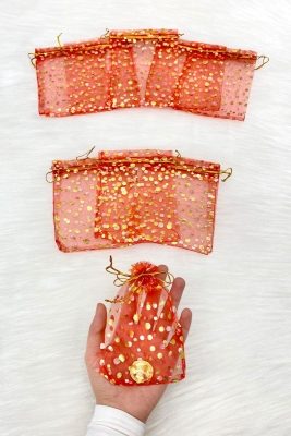 Kırmızı Gold Puantiye Kına Çerez Nişan Hediye Kesesi 50 Adet Ölçü 12x15cm Nikah Düğün Mevlüt Sünnet