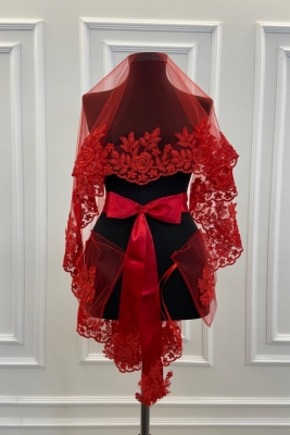 Kırmızı Gül Güpürlü Gelin Duvak Kuşak Eldiven Set Kına Gecesi Düğün