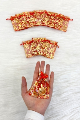 Kırmızı Güllü Kese Kına Düğün Nişan Mevlüt Çerez Kuruyemiş Altın Takı Söz Hediye, 50 Adet Ölçü 7x9cm