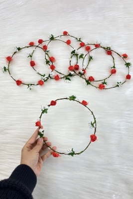 Kırmızı Güllü Yapraklı Nedime Taç, Gelin Kına Gecesi Düğün Bride Bekarlığa Veda Partisi Sünnet