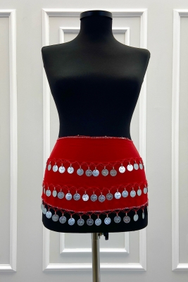 Kırmızı Gümüş Şakira Oryantal Dansöz Dans Kemeri Pullu Zilli Kına Oyun Eğlence Düğün Shakira Kemer