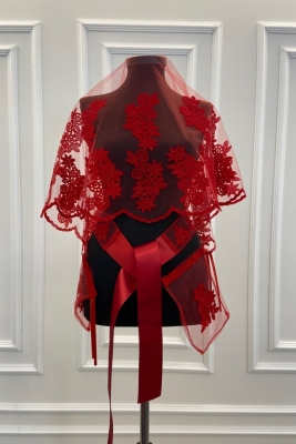 Kırmızı Güpür Desenli Flok Baskı Simli Gelin Duvak Kuşak Eldiven Set