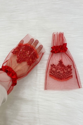 Kırmızı Işıl Işıl Güpürlü Gelin Eldiveni, Kına Eldiveni Düğün Kına Gecesi Bekarlığa Veda Nikah Bride