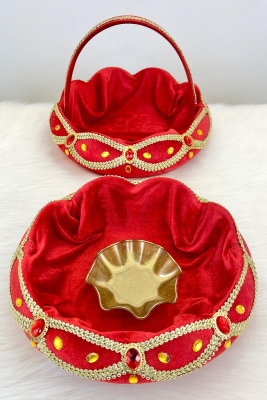 Kırmızı Kadife Parlak Taş Süslemeli Kına Gecesi Tepsi Sepet Gelin Takımı, Nişan, Nikah, Düğün, Söz