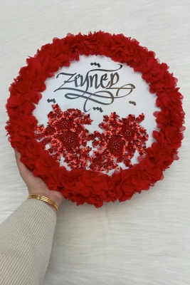 Kırmızı Kaligrafi Gelin Tefi 32cm, Vip Güpürlü Ve 3d Çiçek Düğün Kına Sünnet Nedime Bride Parti Defi