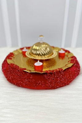 Kırmızı Kına Gecesi Gelin Tepsisi, Lüks İthal Kadife Cam Boncuk , Nişan Nikah Düğün Sünnet