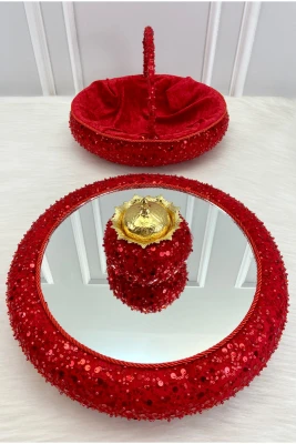 Kırmızı Kına Gecesi Tepsi Sepet Gelin Takımı, Işıltılı Pul Payet Aynalı Kadife, Nişan Nikah Düğün Söz Sünnet