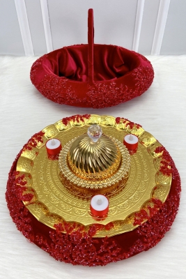 Kırmızı Kına Gecesi Tepsi Sepet Gelin Takımı Lüks İthal Kadife Cam Boncuk Nişan Nikah Düğün Sünnet