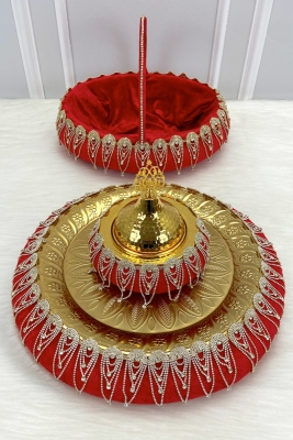 Kırmızı Kına Gecesi Tepsi Sepet Gelin Takımı, Lüks Kadife Parlak Taşlı, Nişan Nikah Düğün Sünnet