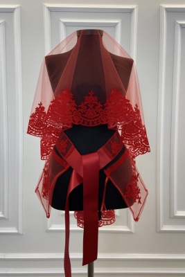 Kırmızı Klasik Desen Flok Baskı Simli Gelin Duvak Kuşak Eldiven Set