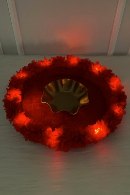 Kırmızı Led Işıklı Gelin Kına Gecesi Tepsisi, Düğün, Sünnet, Üç Boyutlu Lazer Çiçek Süslemeli Tepsi