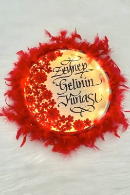 Kırmızı Ledli Gelin Tefi 32cm, 3 Boyut Çiçek Parlak Taş Tüylü, Düğün Kına Nedime Bride Parti Defi