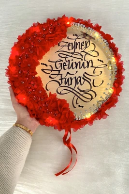 Kırmızı Ledli Gelin Tefi 32cm, Lüx Aplik Çiçek Ve Parlak Taş Süslemeli, Düğün Kına Nedime Bride Sünnet