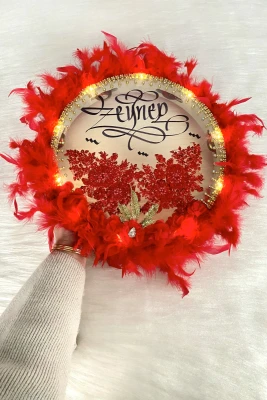 Kırmızı Ledli Gelin Tefi 32cm, Lüx Aplik Çiçekli Tüylü Ve Parlak Taş Süslemeli, Düğün Kına Nedime Bride Sünnet