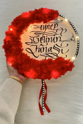 Kırmızı Ledli Gelin Tefi 32cm, Üç Boyutlu Çiçek Ve Parlak Taş Süslemeli, Düğün Kına Nedime Bride Sünnet